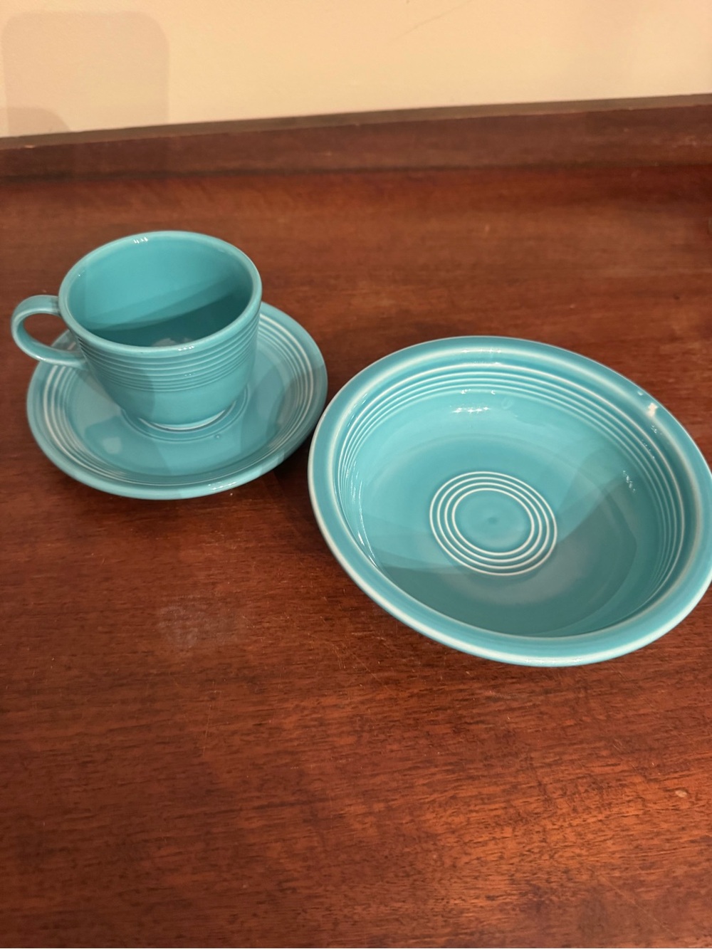 Vintage Turquoise Fiesta Ware Homer Laughlin Cup, Saucer, and Soup Bowl